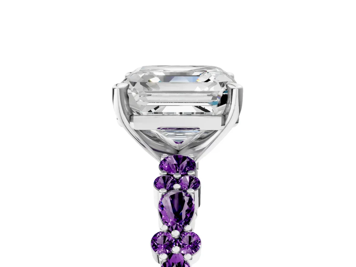 Asscher Cut Diamond Side Stone Solitaire Ring with Round Amethyst and Four-Prong Setting Silver