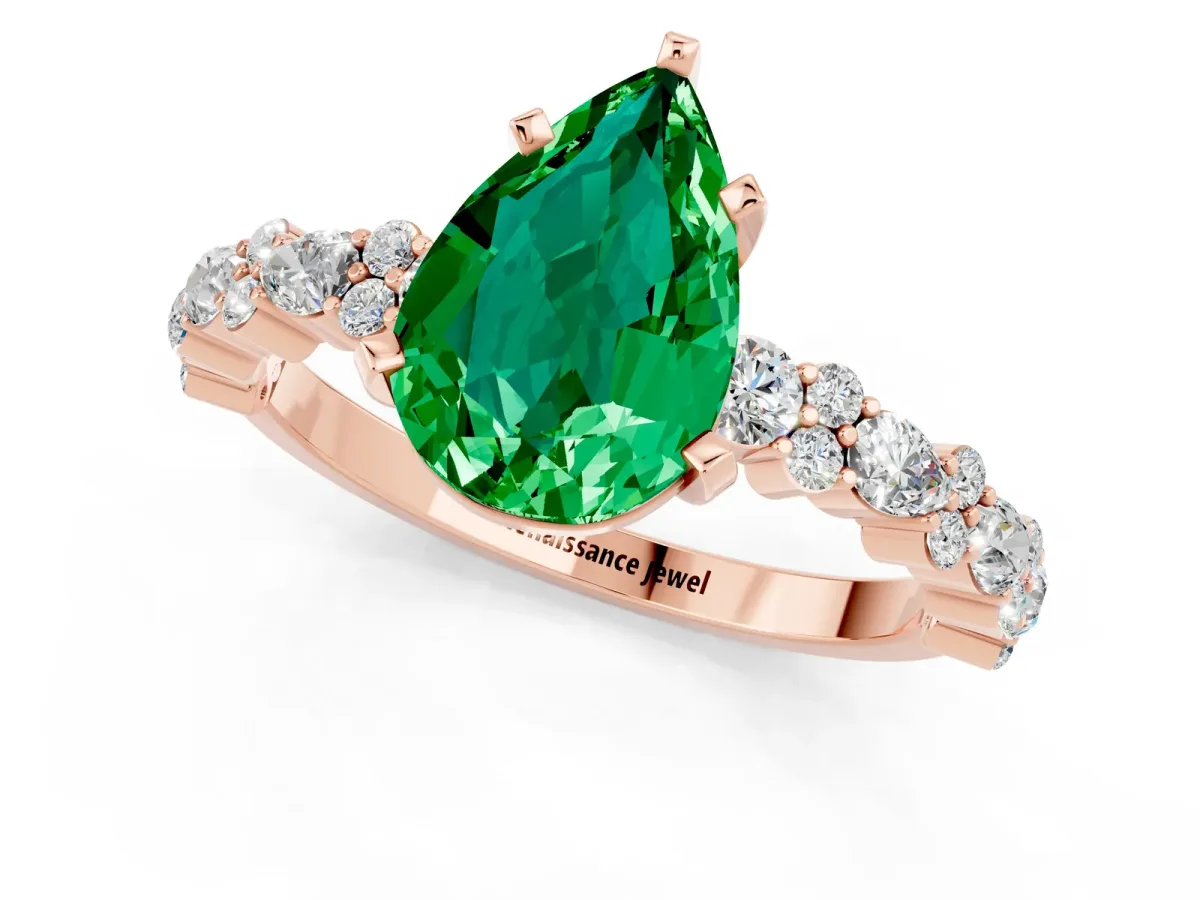Pear Cut Emerald Side Stone Solitaire Ring with Round and Four-Prong Setting Rose gold