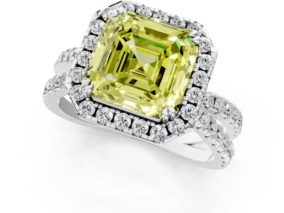 Fancy Yellow Asscher Cut Halo Split Shank Diamond Ring with Pavé Setting Platinum