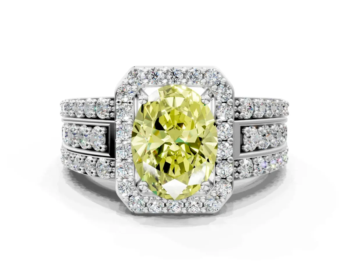 Fancy Yellow Oval Cut Halo Diamond Ring with Round Split Shank and Prong Setting Silver