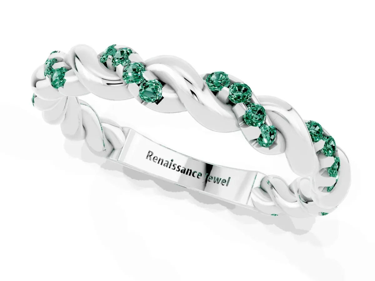 Twisted Pavé Round Green Sapphire Eternity Band Silver