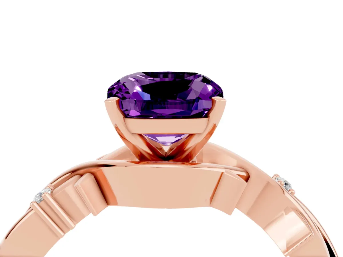 Cushion Cut Amethyst Solitaire Ring with Twisted Band and Prong Setting Rose gold