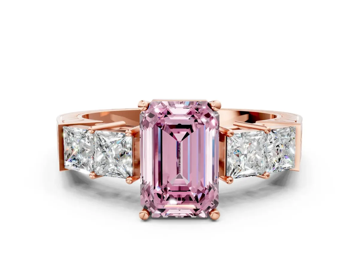 Fancy Pink Emerald Cut Solitaire Princess Side Stone Engraved Band Prong Setting Ring Rose gold