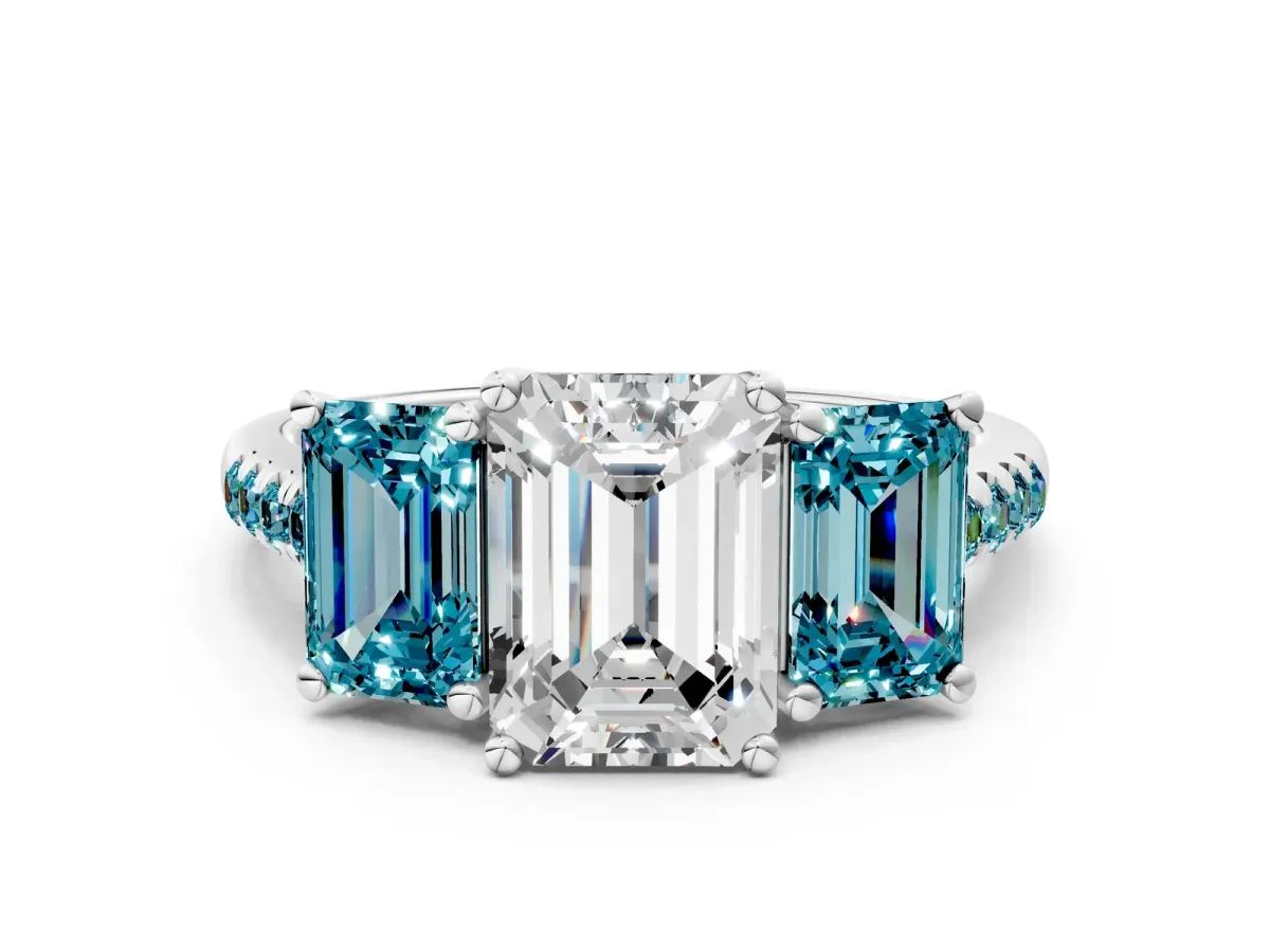 Three-Stone Emerald Cut Diamond Ring with Round Blue Topaz Pavé Band and Prong Setting Silver