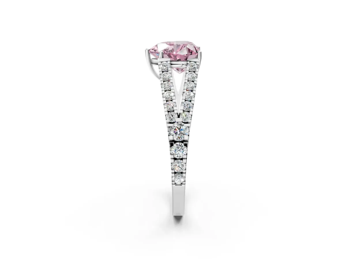 Fancy Pink Heart Cut Diamond Split Shank Pavé Engagement Ring with Four-Prong Setting White gold