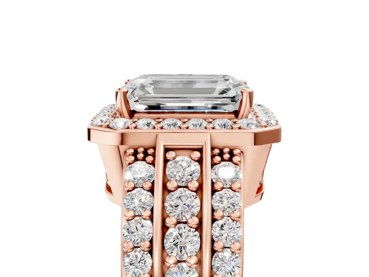 Emerald Cut Halo Diamond Ring with Round Moissanite Split Shank and Prong Setting Rose gold