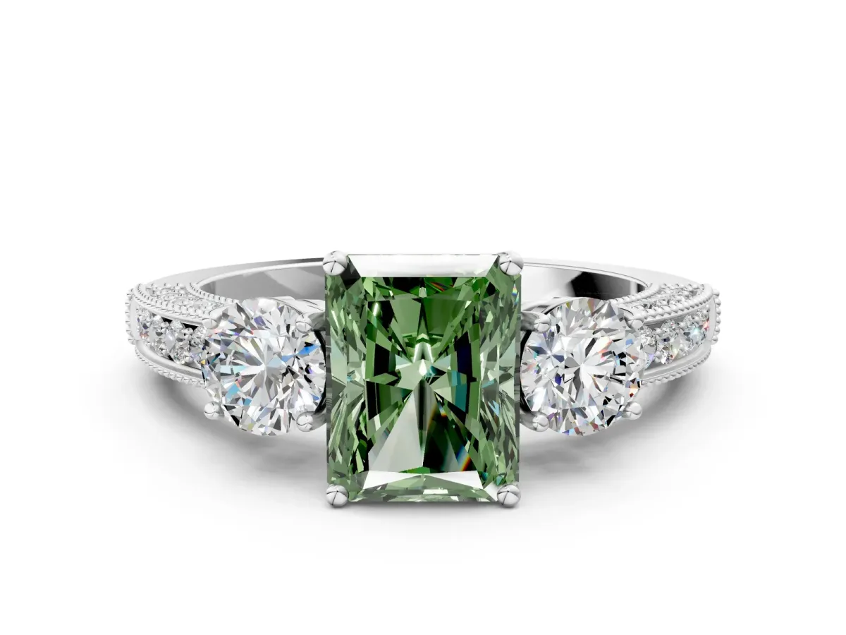 Fancy Green Radiant Cut Three-Stone Diamond Ring with Pavé Band and Four-Prong Setting Platinum