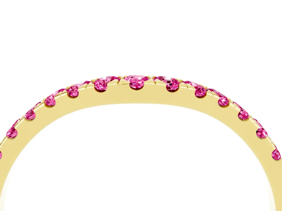 Curved Pavé Round Pink Sapphire Wedding Band with Shared Prong Setting Yellow gold