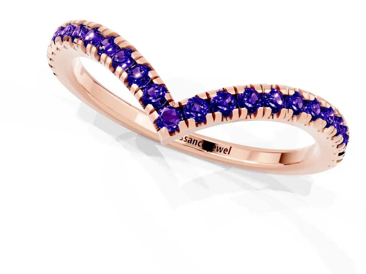 Pavé Round Tanzanite V-Shaped Chevron Band with Shared Prong Setting Rose gold