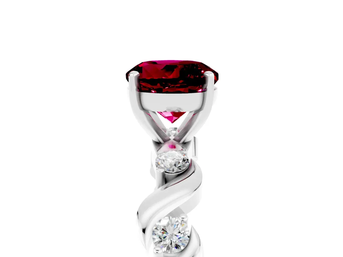 Round Cut Garnet Solitaire Twisted Band with Round Accents and Prong Setting Silver