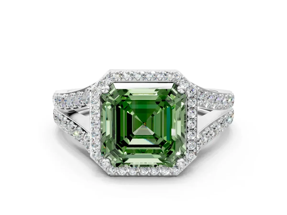 Fancy Green Asscher Cut Diamond Split Shank Halo Ring with Four-Prong Setting Platinum
