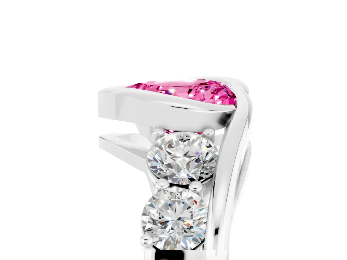 Bezel Set Heart Cut Pink Sapphire Bypass Ring with Round Accents Silver