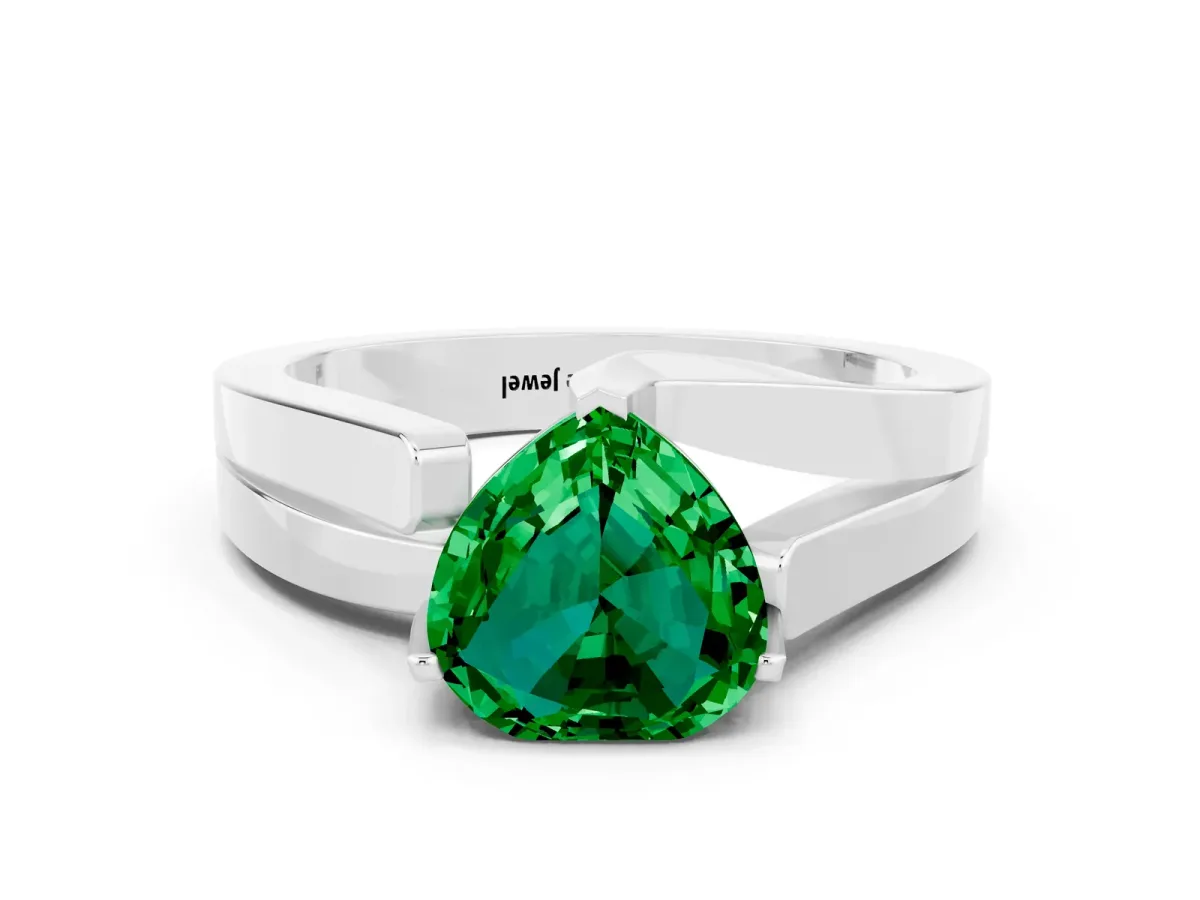 Modern Tension Set Heart Cut Emerald Solitaire Wide Band Ring Platinum