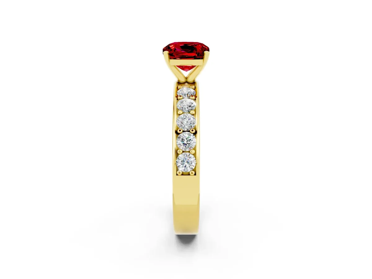 Cushion Cut Ruby Engagement Ring with Channel Set Round Band and Prong Setting Yellow gold