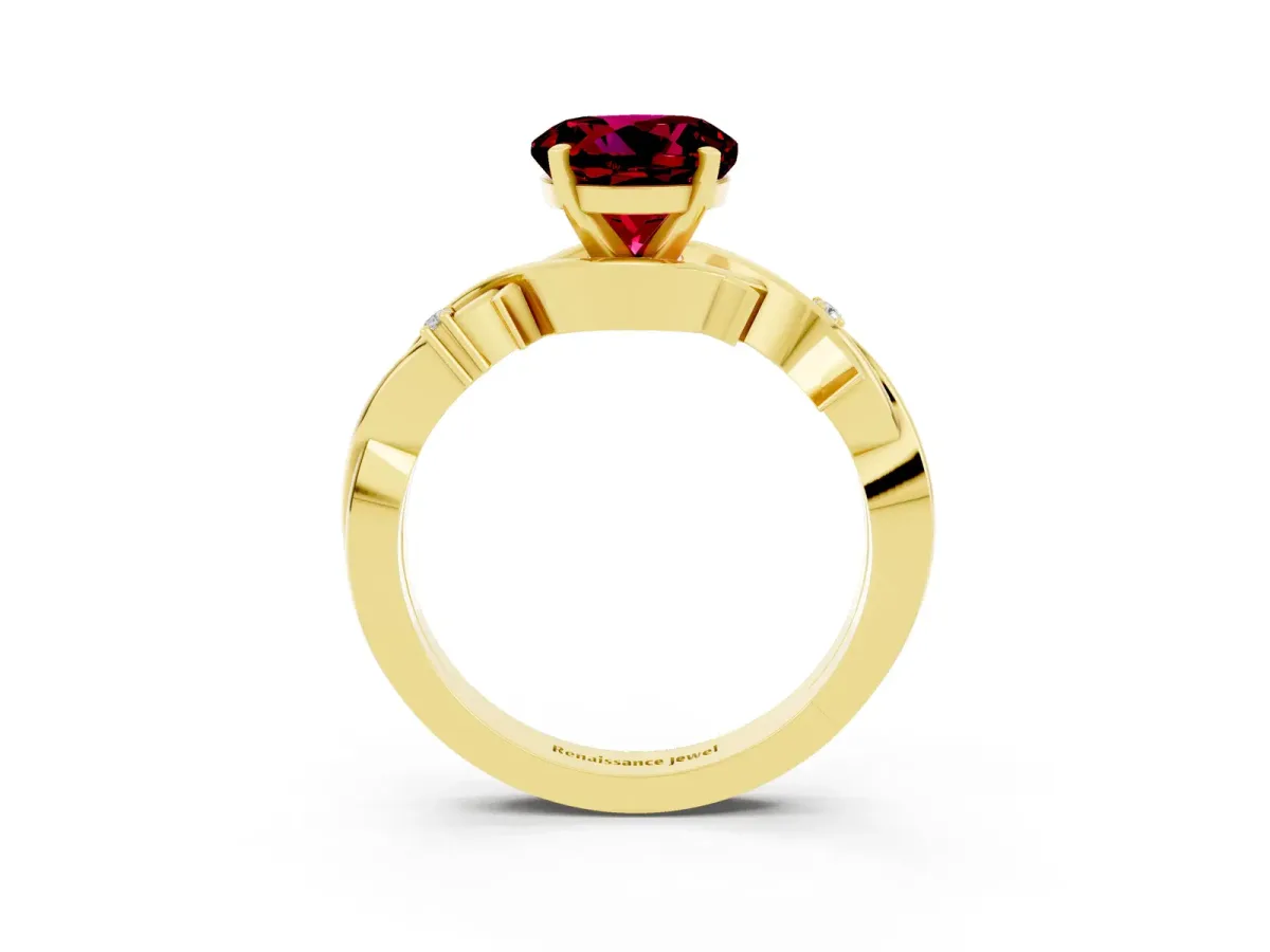 Round Cut Garnet Solitaire Ring with Twisted Band and Prong Setting Yellow gold