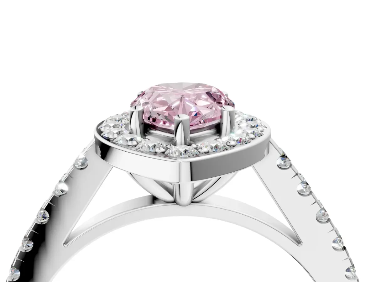 Fancy Pink Pear Cut Diamond Halo Ring with Round Pavé Split Shank and Prong Setting Platinum