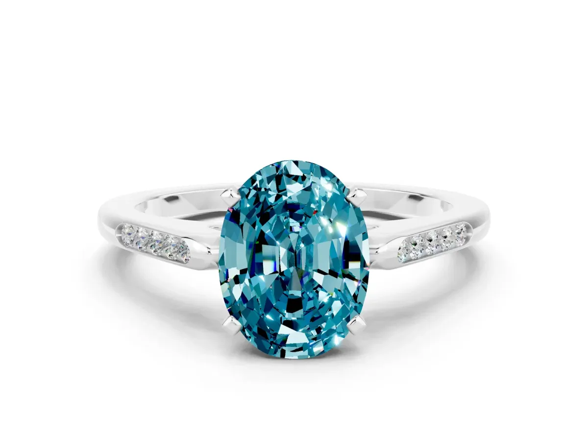 Oval Cut Blue Topaz Solitaire Ring with Channel Set Round Band and Prong Setting Silver