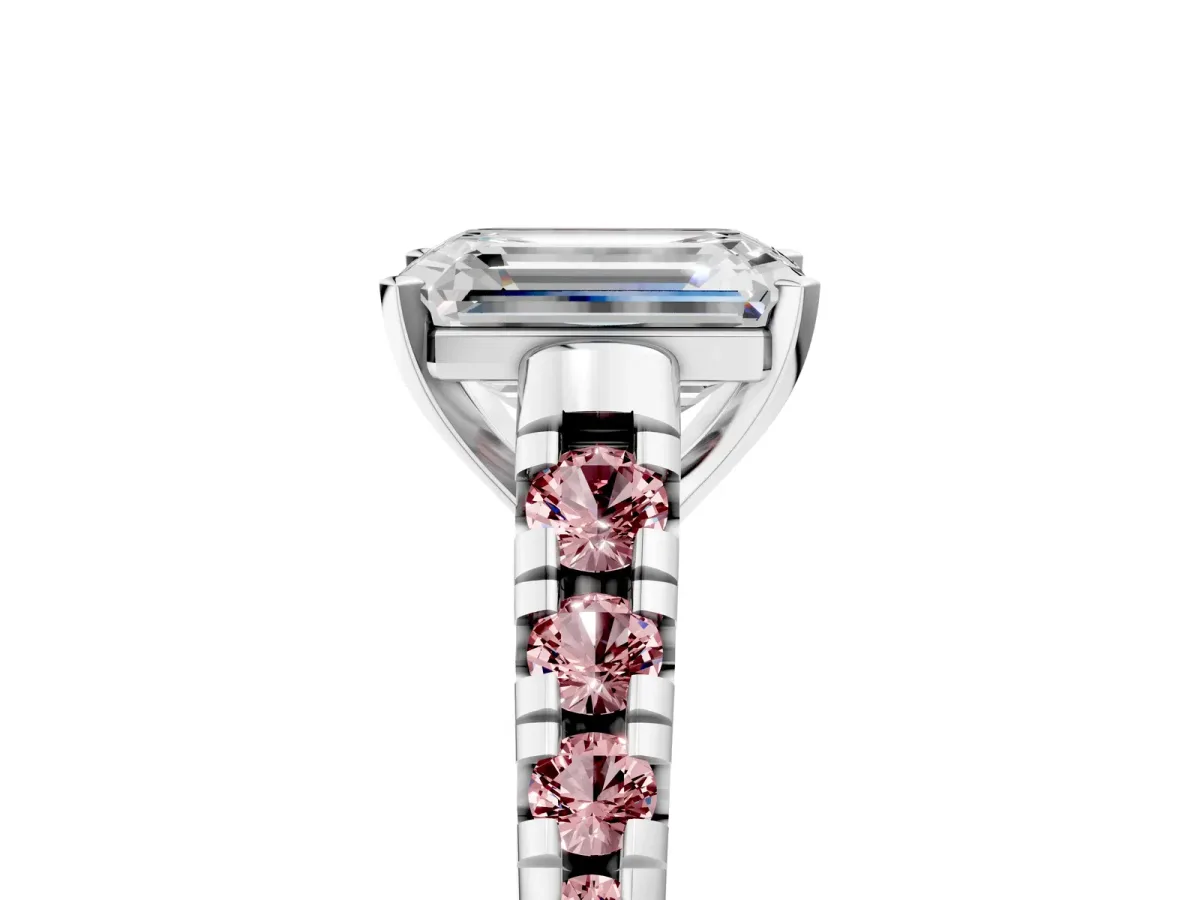 Emerald Cut Diamond Cathedral Solitaire Ring with Round Morganite Pavé Band Silver