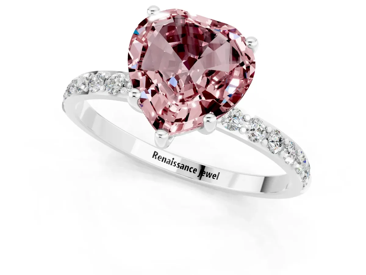 Heart Cut Morganite Solitaire Ring with Round Pavé Band and Prong Setting Silver