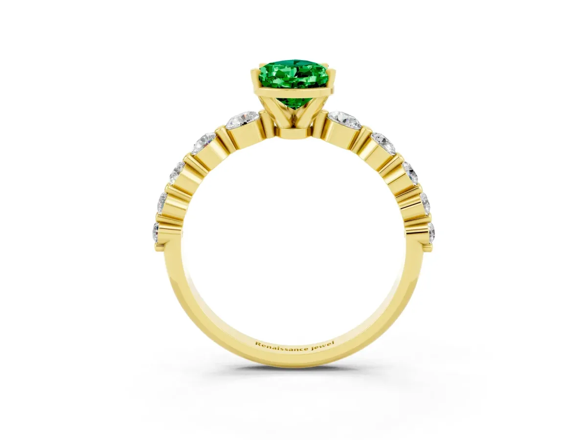 Pear Cut Solitaire Emerald Ring with Pave Band and Four-Prong Setting Yellow gold