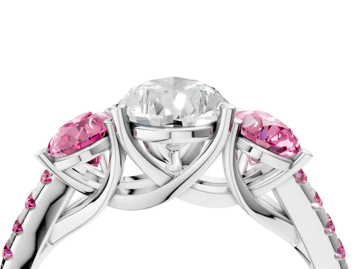 Three-Stone Pear Cut Diamond Ring with Round Pink Sapphire Pavé Band and Prong Setting Silver