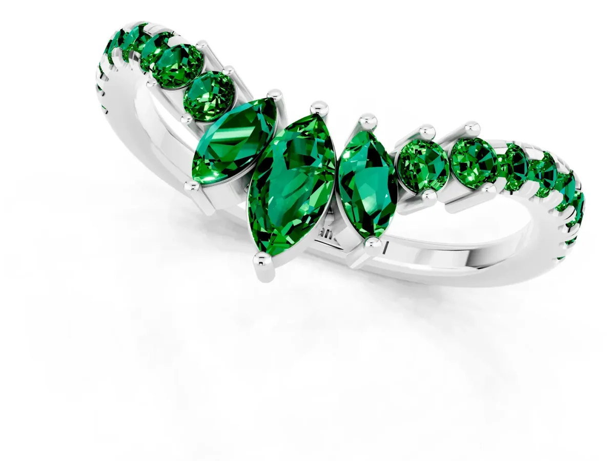 Chevron Marquise and Round Emerald Open Band with Prong Setting Silver