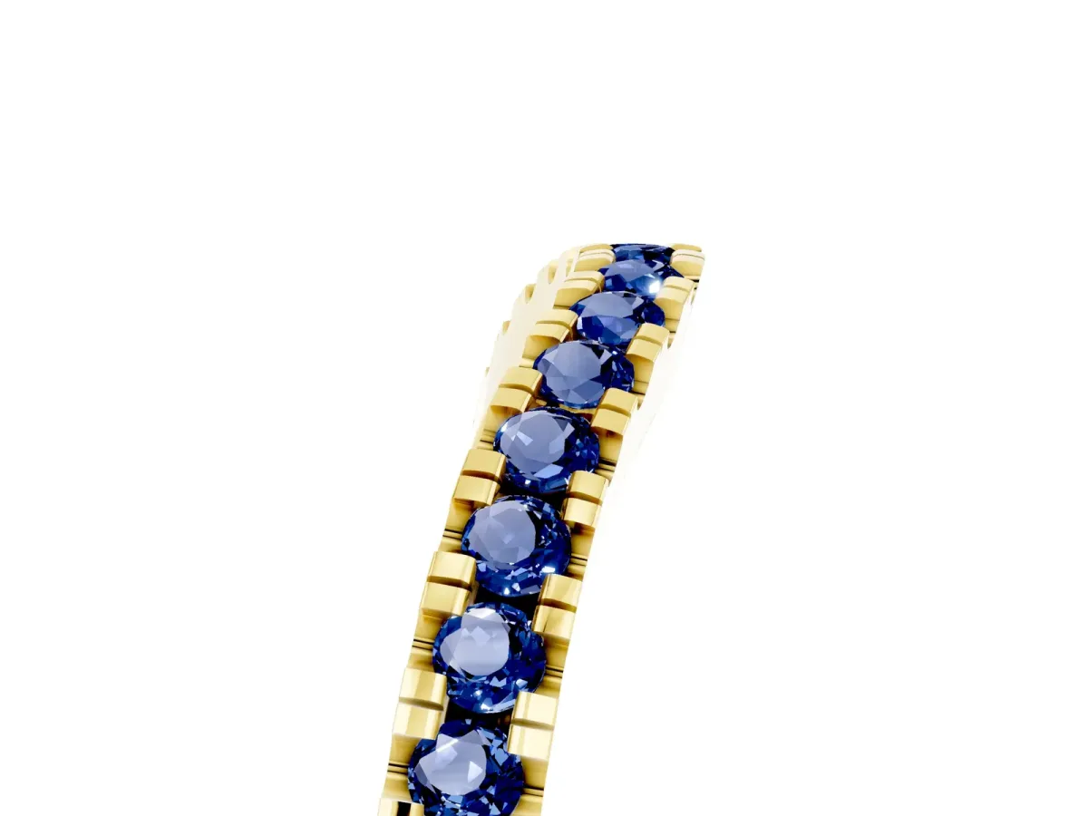 Round Blue Sapphire Pavé Curved Band with Shared Prong Setting Yellow gold