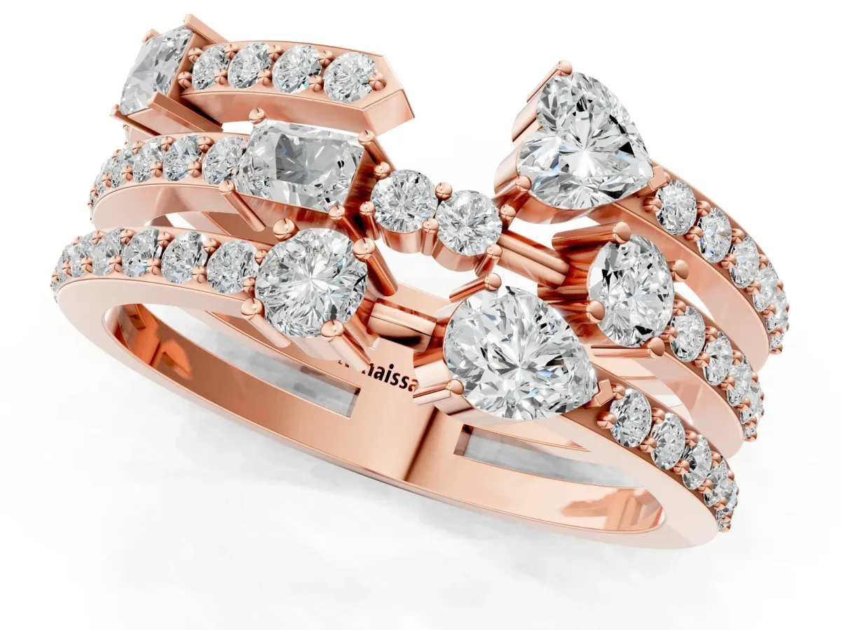 Mixed Shape Diamond Multi Row Promise Ring with Round Diamond Accents Rose gold