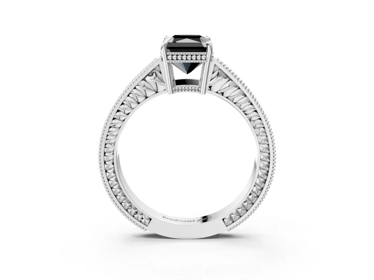 Fancy Black Radiant Cut Cut Diamond Milgrain Pave Band Four-Prong Setting Ring Platinum