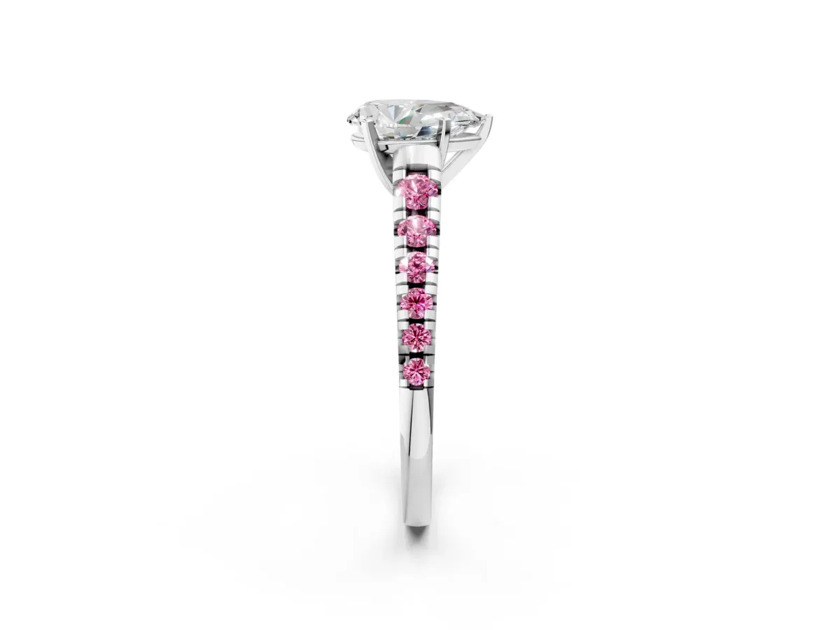 Pear Cut Diamond Cathedral Solitaire Ring with Round Pink Sapphire Pavé Band Silver