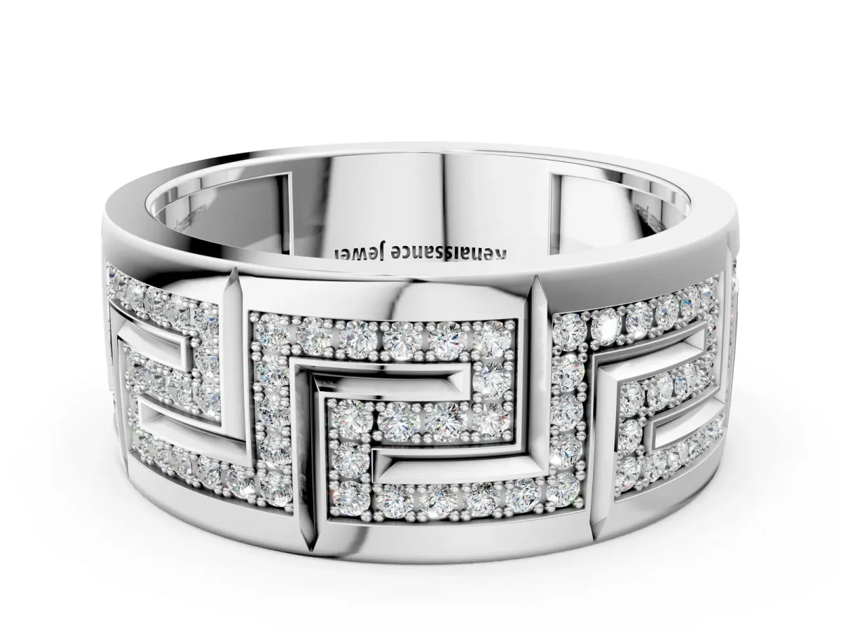 Round Diamond Pavé Greek Key Mens Band Silver