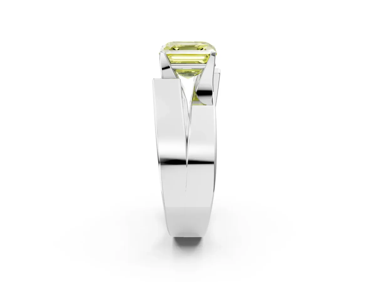 Fancy Yellow Modern Tension Set Asscher Cut Diamond Solitaire Wide Band Ring Silver