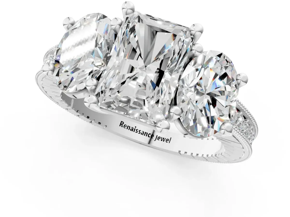 Three-Stone Radiant Cut Diamond Milgrain Pave Band with Prong Setting Platinum