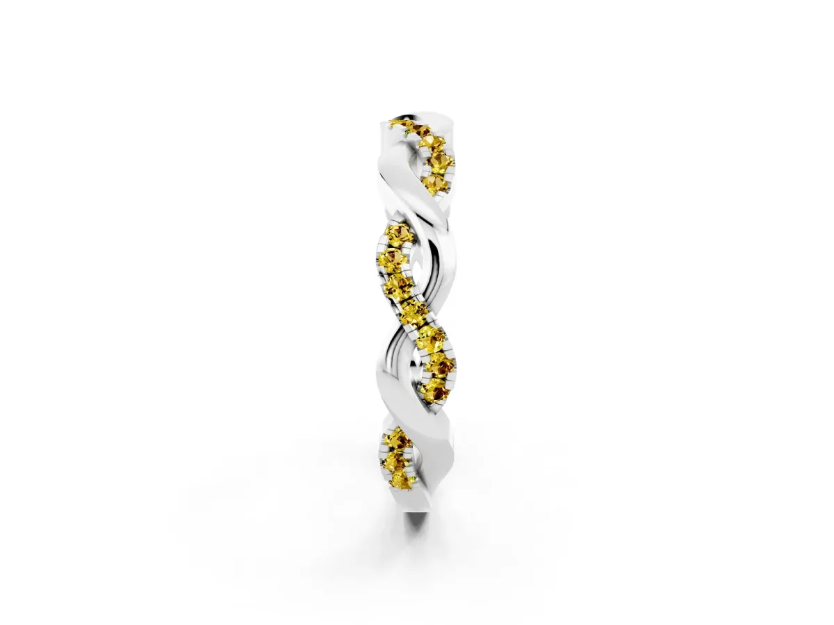 Pavé Round Yellow Sapphire Twist Eternity Band with Shared Prong Setting Silver