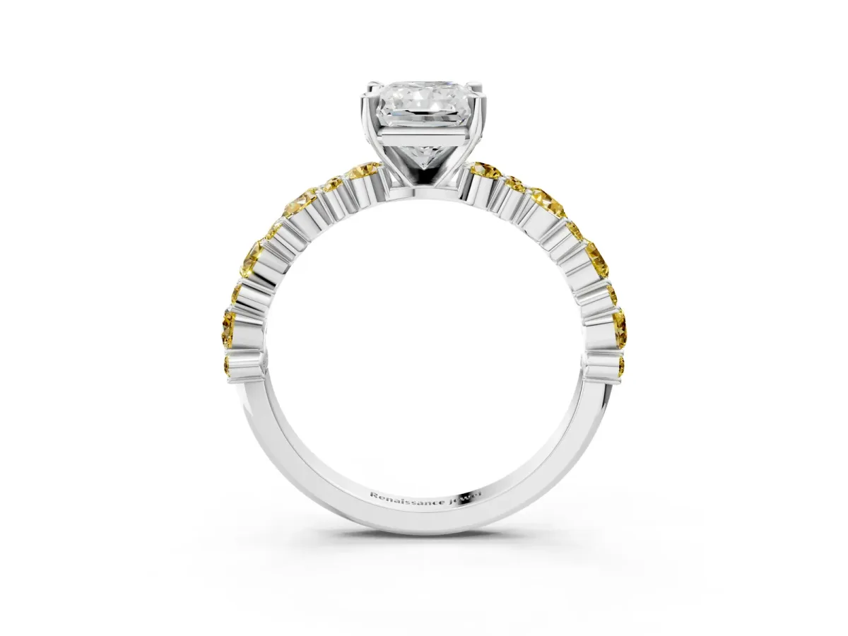 Radiant Cut Diamond Side Stone Solitaire Ring with Round Yellow Sapphire and Four-Prong Setting Silver