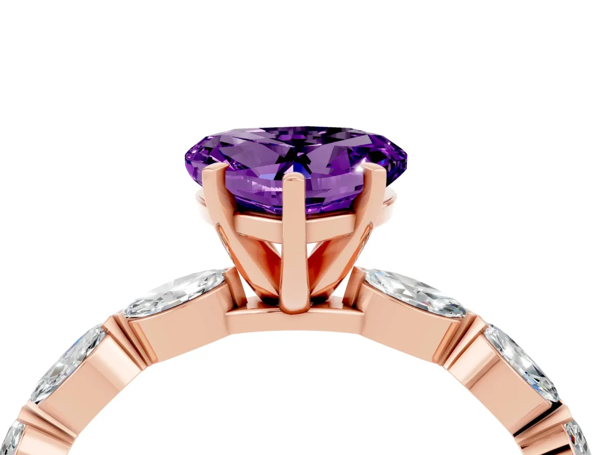 Heart Cut Amethyst Ring with Marquise Side Stones and Prong Setting Rose gold