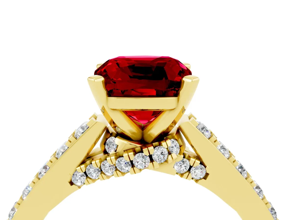 Cushion Cut Ruby Solitaire Ring with Crossover Gallery and Round Pavé Band Yellow gold