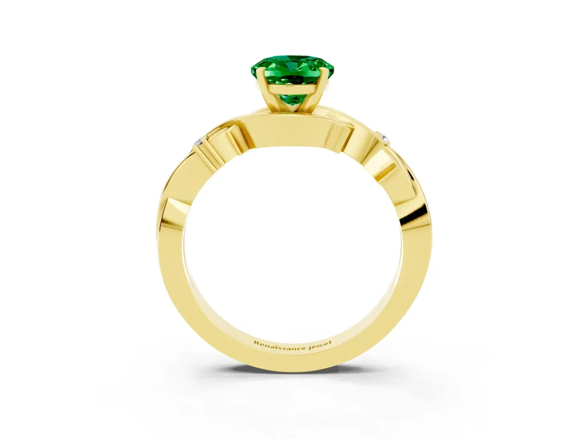 Oval Cut Emerald Solitaire Ring with Twisted Band and Prong Setting Yellow gold