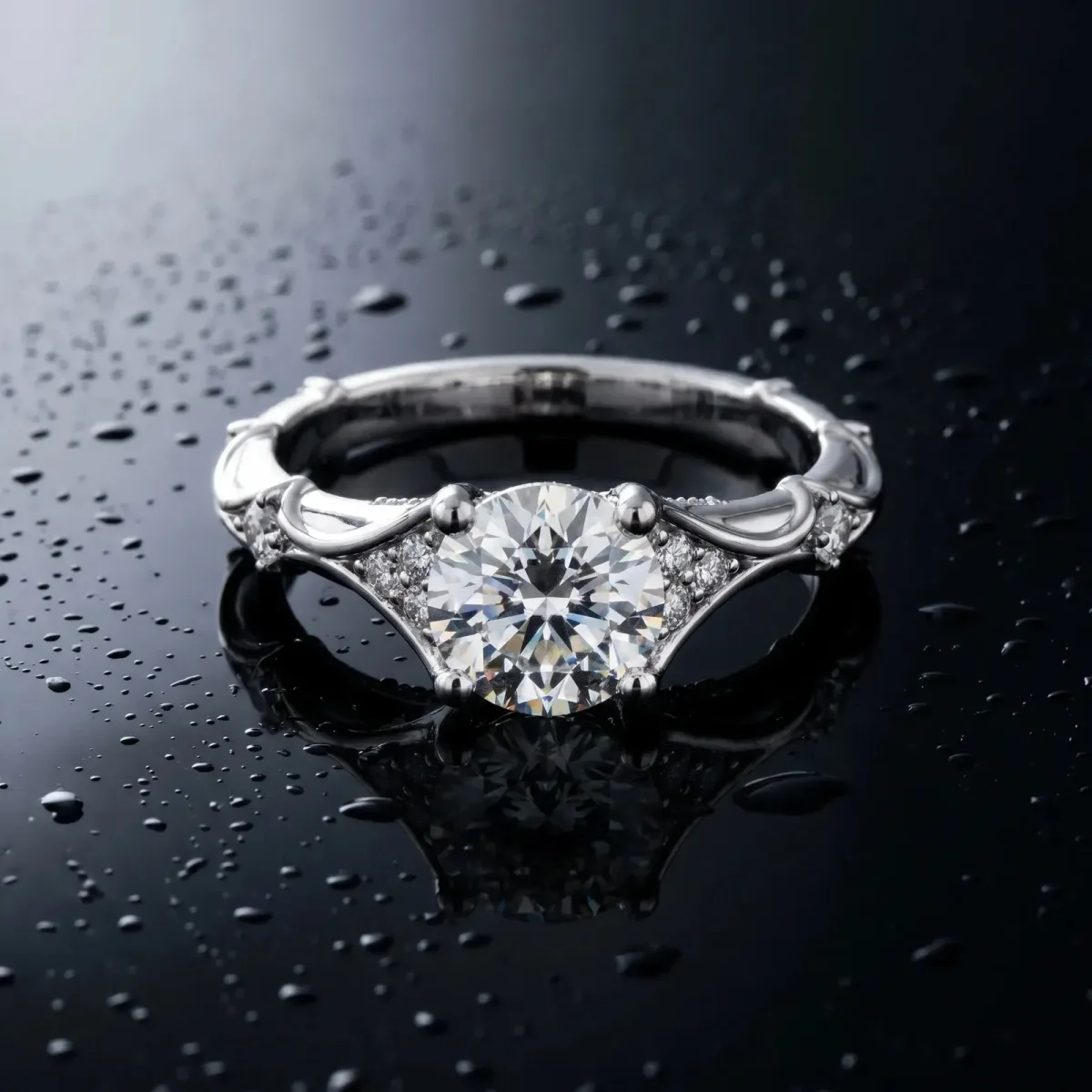 Round Cut Cut Solitaire Engagement Ring with Pave Band and Four-Prong Setting Silver