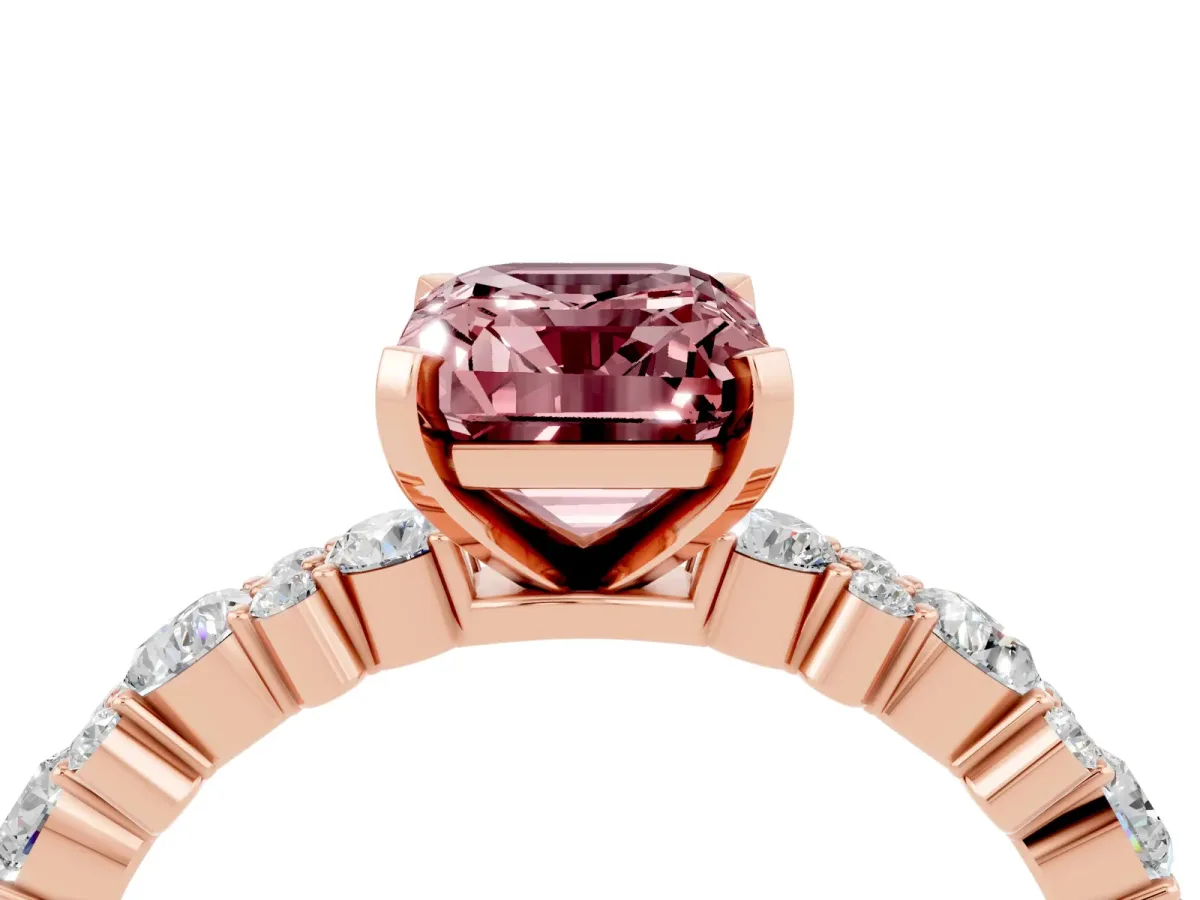 Emerald Cut Morganite Side Stone Solitaire Ring with Round and Four-Prong Setting Rose gold