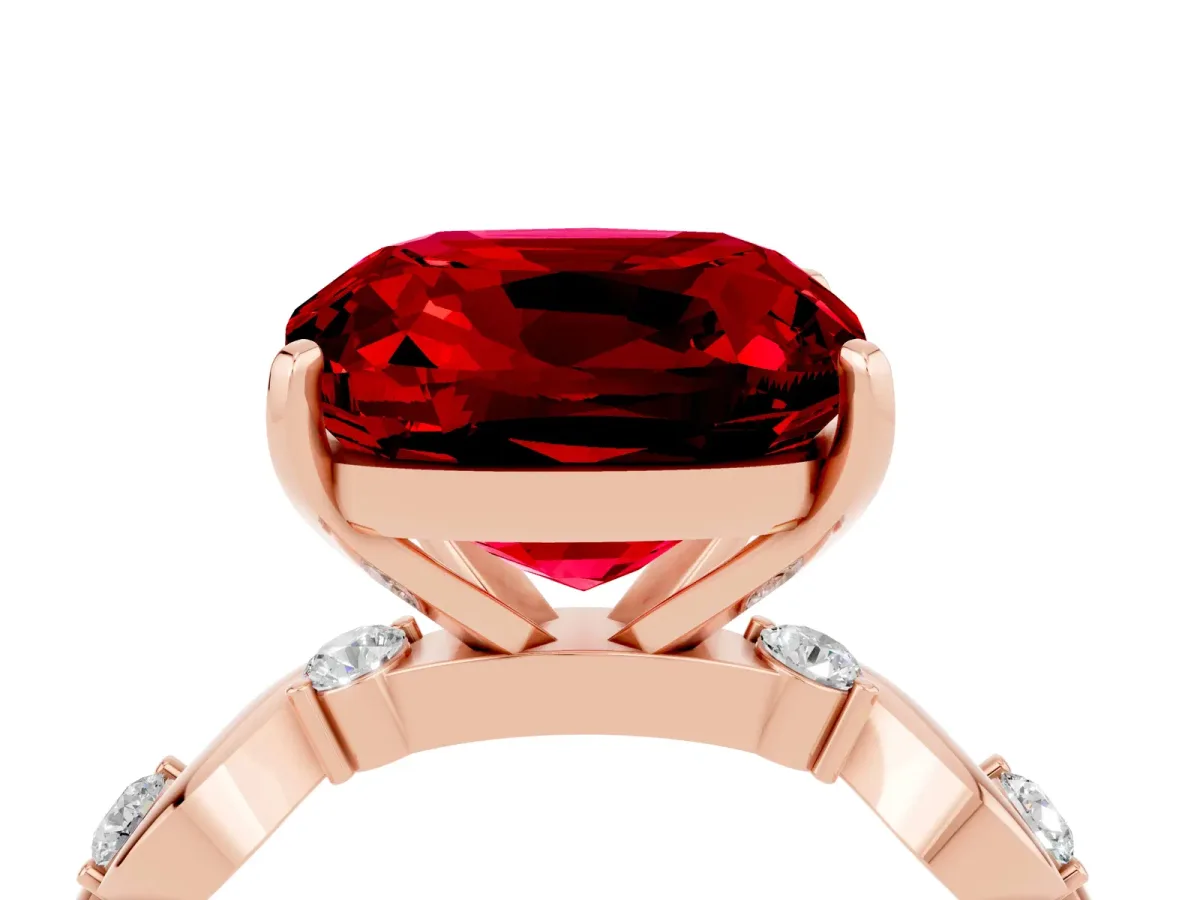 Cushion Cut Ruby Solitaire Twisted Band with Round Accents and Prong Setting Rose gold