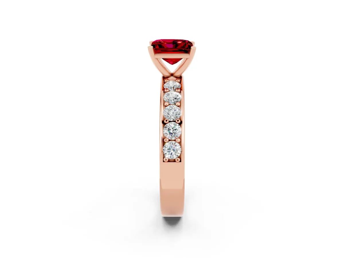Princess Cut Ruby Engagement Ring with Channel Set Round Band and Prong Setting Rose gold