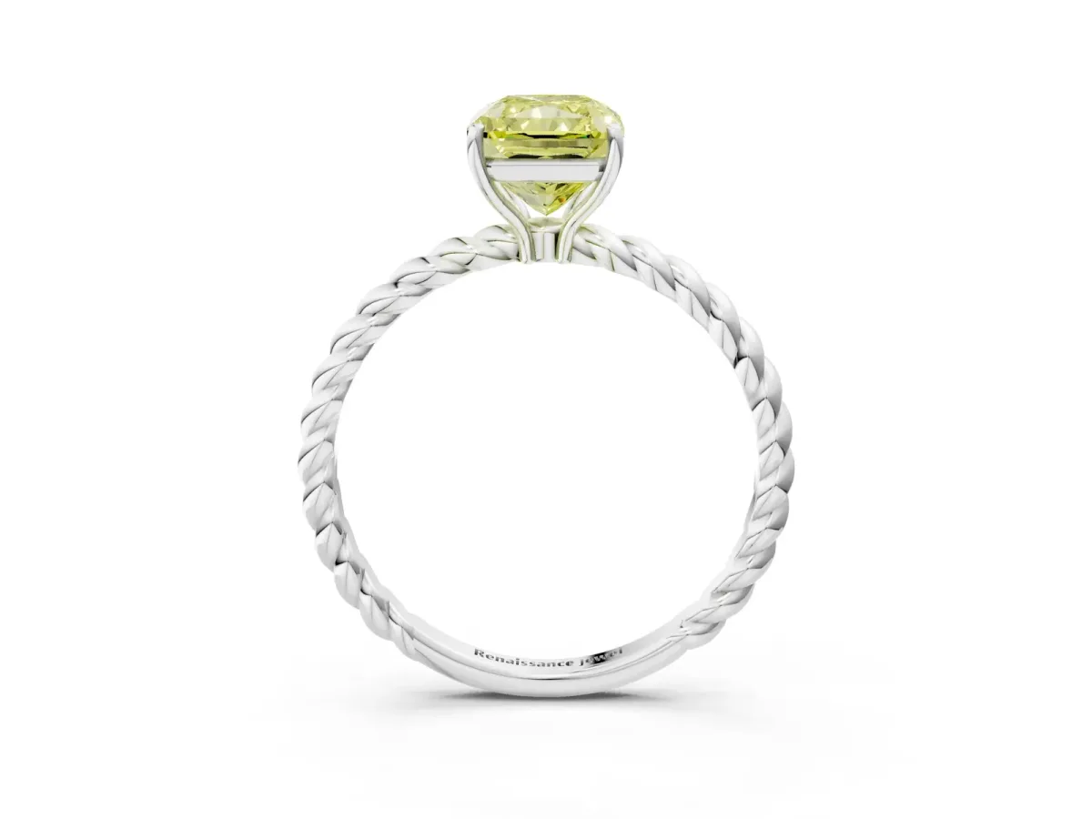 Fancy Yellow Radiant Cut Solitaire Twisted Band 4-Prong Ring Platinum