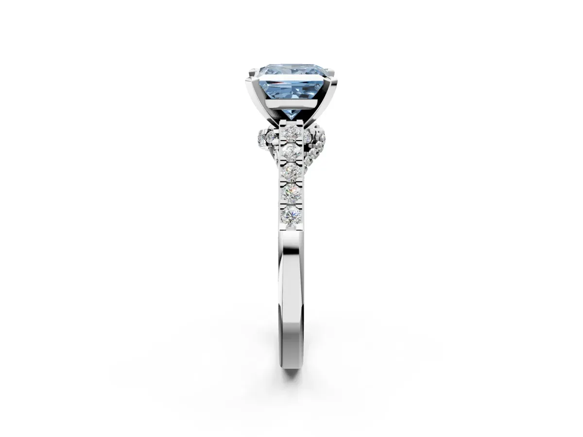 Fancy Blue Princess Cut Diamond Solitaire Ring with Crossover Gallery and Round Pavé Band Silver