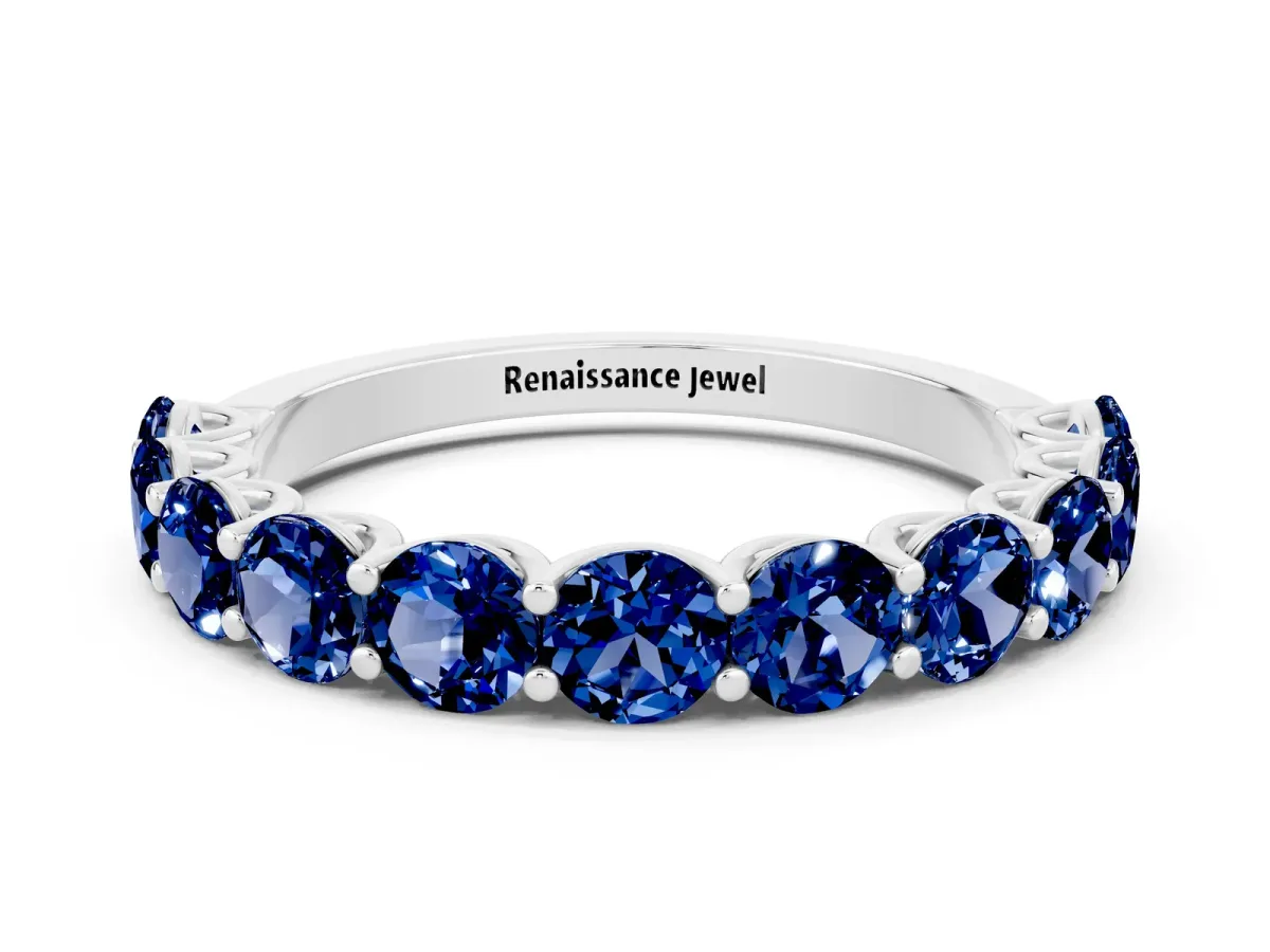 Round Blue Sapphire Shared Prong Eternity Band White gold