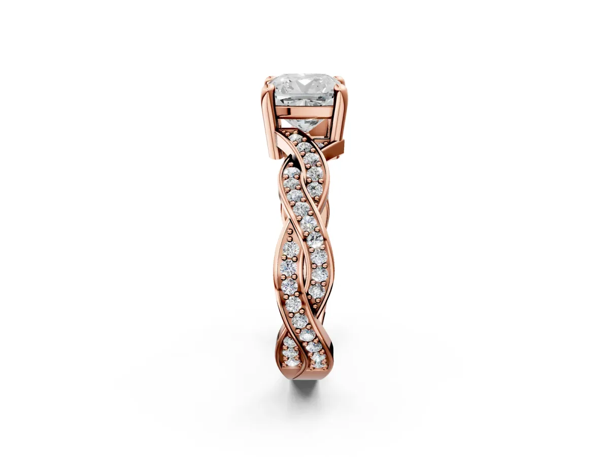 Cushion Cut Cut Twisted Pavé Band Solitaire Ring with Four-Prong Setting Rose gold