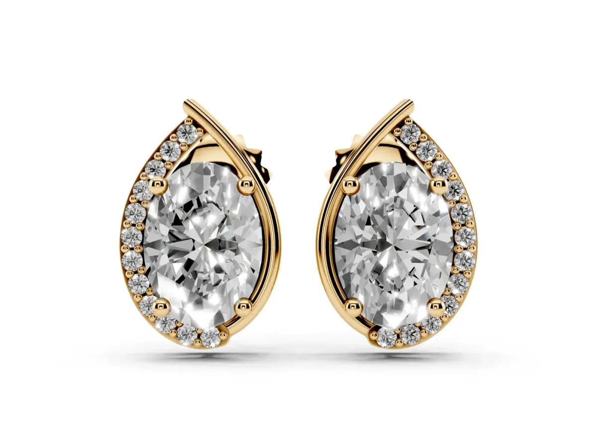 Oval Diamond Teardrop Framed Stud Earrings Yellow gold
