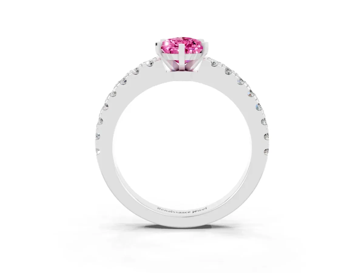 Pear Cut Solitaire Pink Sapphire with Pavé Band and Four-Prong Setting Silver
