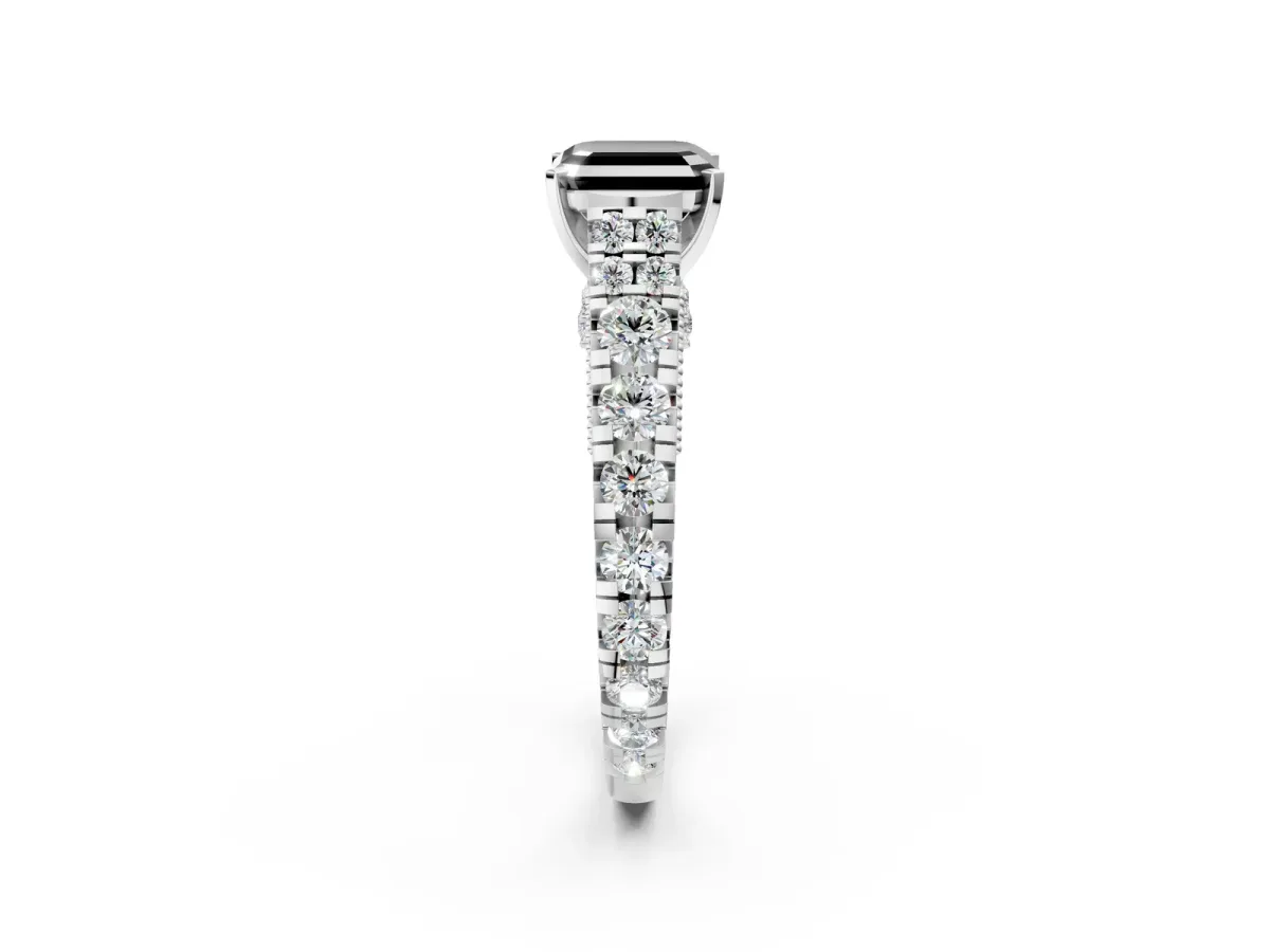 Fancy Black Asscher Cut Diamond Classic Solitaire Ring with Pavé Band and Four-Prong Setting Platinum