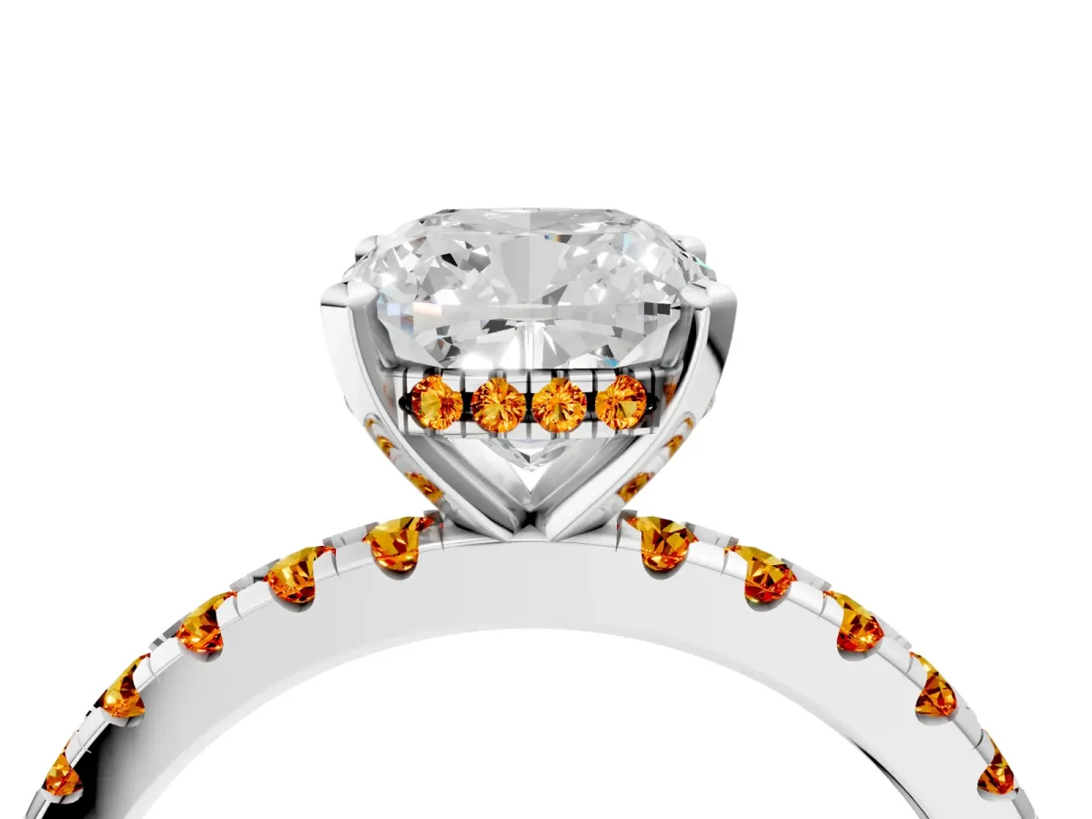 Cushion Cut Diamond Solitaire Ring with Round Citrine Pavé Band and Four-Prong Setting Silver